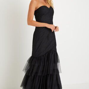 Lulus Stunning Icon Black Tulle Pleated Strapless Trumpet Maxi Dress - Size XS